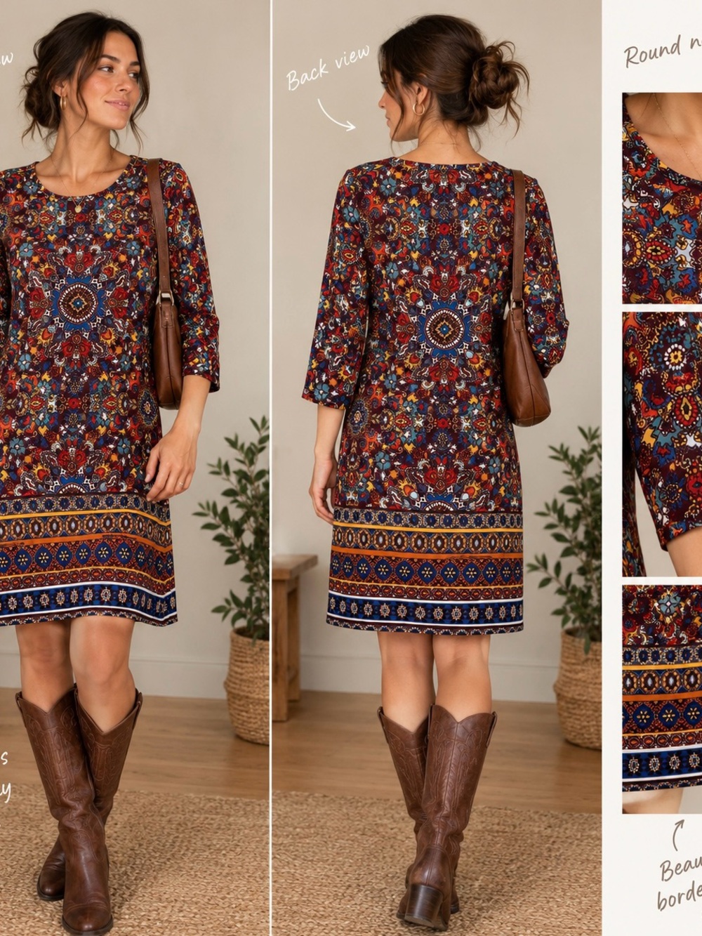 London Style Burgundy Multi Floral Border-Print Mini Dress